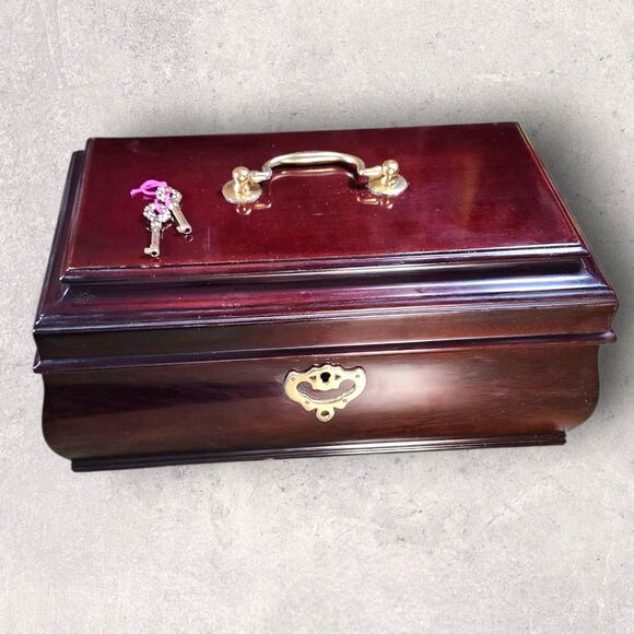 Vintage Bombay Company Mahogany Jewelry Box Red Velvet Lined w/ 2 Keys Large - Picture 2 of 16